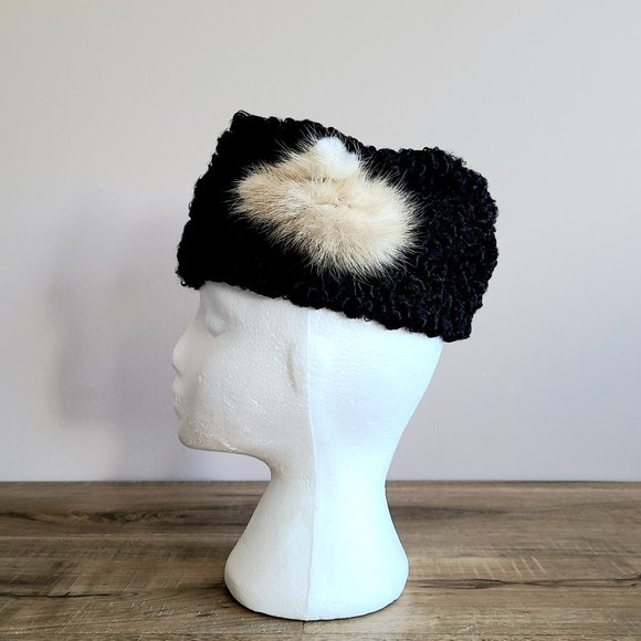 vintage fur hat Accessories - Vintage real fur pillbox black Persian lam hat with mink detail on the side.